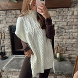 Winter Classic Cream Turtle Neck Wide Shoulder Cable Knit Poncho Vest
