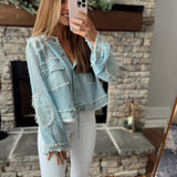 So Coastal Baby Blue Crochet Knit Hooded Cropped Button Down