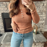 Breann Desert Sand Pointelle Knit Scoop Neck Henley