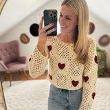 Heart Stitched Cream/Red Crocheted Cropped Long Sleeve IN STORE