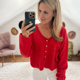 Red Rolled V Neck Cardigan IN STORE