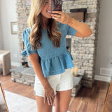 Denim Blue Bow Sleeve Blouse