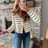 White/Black Striped Tie Front Cardigan