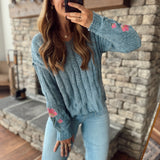 Denim Flower Embroidered Cable Sweater Top