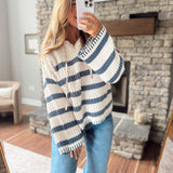 Cream & Navy Striped Hooded Sweater
