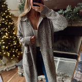 Brown Long Sleeve Collared Midi Cardigan