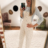 Ecru Floral Denim Overalls IN STORE