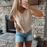 Alicia Ecru/Brick Striped Sleeveless Button Up Sweater Top