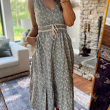 Olive/Taupe Floral Contrast Waist Midi