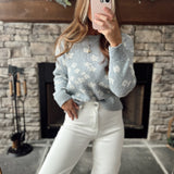 Mae Slate Blue Textured Knit Floral Sweater