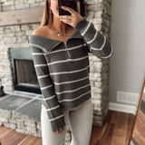 Ophelia Olive Striped Off Shoulder Sweater
