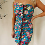 Savanna Sweetheart Neckline Teal Topical Mini Dress