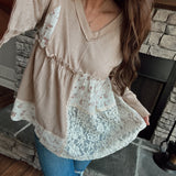 Beige Sweet & Delightful V-Neck Textured Baby Doll Long Sleeve