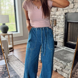 Denim Edgework Flared Drawstring Pants