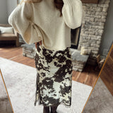 Brown Satin Cow Print Midi Skirt