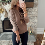 Dripping In Gems Mocha Rhinestone Boat Neck 3/4 Sleeve