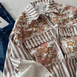 Striped Choco Multi Floral Patch Collared Button Down