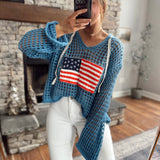 POL Royal Blue American Flag Hooded Crochet Knit Pullover