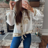 Warm Breeze Olive Multi Floral Gauze/Mesh Mix Hooded Button Down