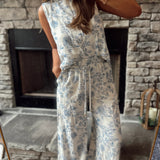 Blue Blossom Floral Linen Tank with Layered Hem