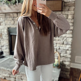 Mocha Casual Outing Mineral Washed Polo Sweatshirt