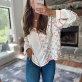 Shelly Off White Multi Floral Print V Neck long Sleeve