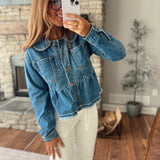 Washed Cobalt Peplum Hem Denim Jacket
