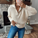 It Ain't So Ecru Crochet Knit Collared Zip Up Pullover