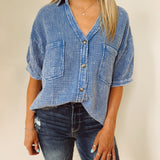 Slow Your Roll Blue Gauze Button-Up