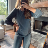 Indigo Washed Stretch Satin 3/4 Puff Sleeve Blouse