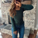 Hunter Green Basic Scoop Neck Lettuce Edge Long Sleeve