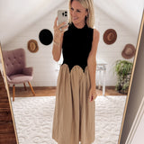 Taupe/Black Wavy Waist Midi Dress