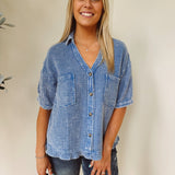 Slow Your Roll Blue Gauze Button-Up