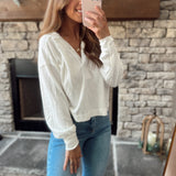 Off White Hooded Split Neck Long Sleeve