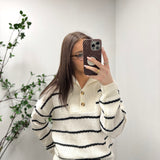 Believe It Black/Ivory Striped Shawl Collar Button Knit Sweater IN STORE