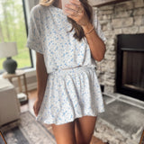 Blue/White Ribbed Floral Print Bubble Hem Shorts
