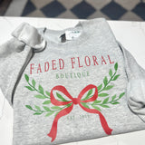Heather Grey Faded Floral Boutique Holiday Bow Crew