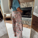 Pink Flower Printed Denim Drop Waist Pants