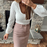 Melody White Scoop Neck Lace Long Sleeve Bodysuit