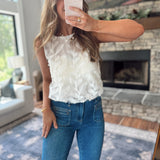 Off White Leaf Textured Bubble Hem Sleeveless Top