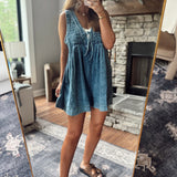 Pleated Tie Front Denim Romper