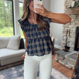Blaine Navy Plaid Ruffle Top