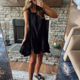 Coastal Elegance Black Mock Overall Embroidered Flowy Mini