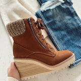Bambi Chestnut Brown Chunky Wedge Heel Lace up Bootie