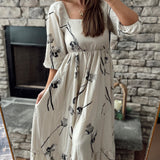 Give Me Roses Beige Square Neck Pleated Floral Maxi