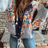 Indigo Floral Quilt Detail Knit Hoodie