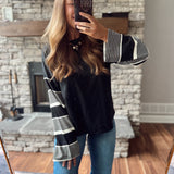 Nelda Black Top with Striped Sleeves