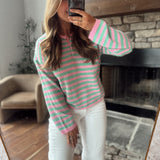 Pink Striped Half Button Sweater