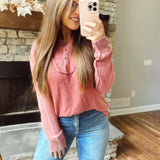 Dusty Roads Rose Mineral-Washed Button Up Knit Sweater