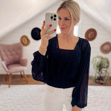 Good Graces Navy Smocked-Waist Top